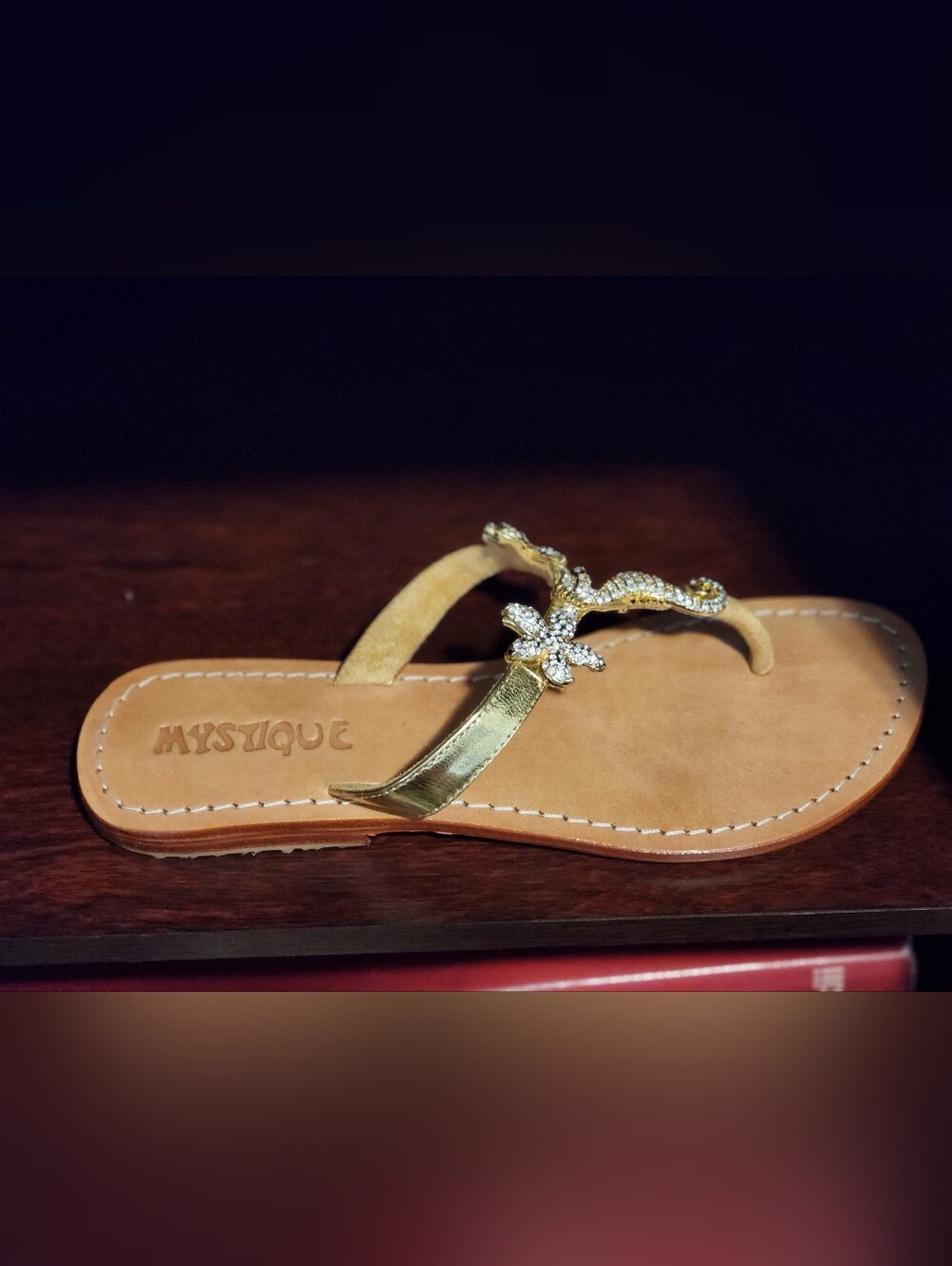 Mystique Boutique Gold Jeweled Floral Thong Sandal With Starfish And Seahorse